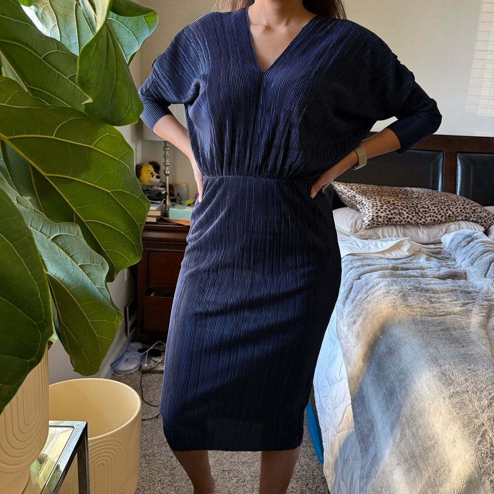 ASOS Dark Blue Midi Plisse Dress - Size 6